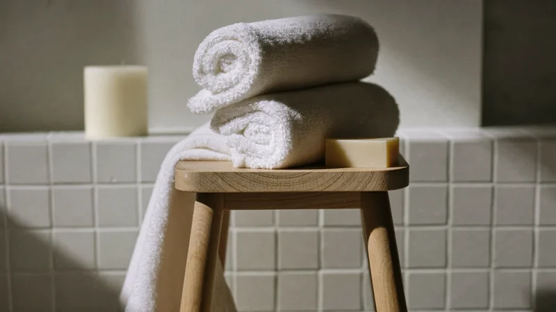 Decor de tip spa cu prosoape rulate, taburet de lemn, săpun și lumânare.